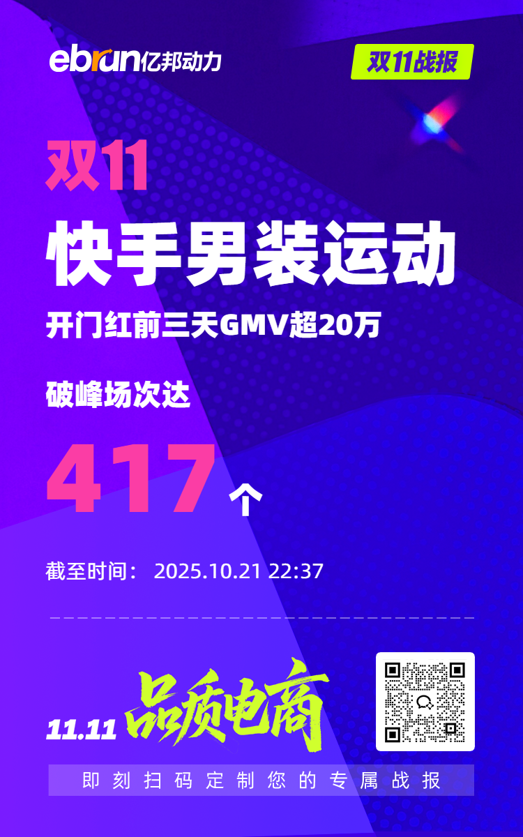 快手男装运动双11前三天GMV超20万，破峰场次417个